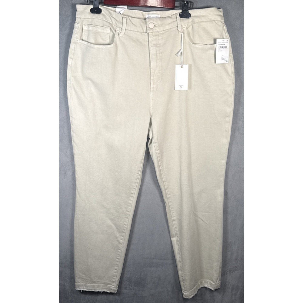 Good American Jeans Classic Slim Straight High Rise Raw Hem Size 18 Bone Beige